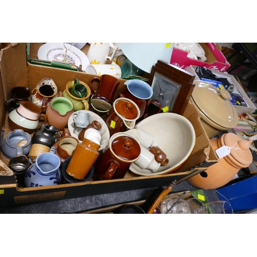 325 - Box of stoneware and pottery jugs, bowls, ink bottles, barometer, terracotta lidded pot and bread ja... 