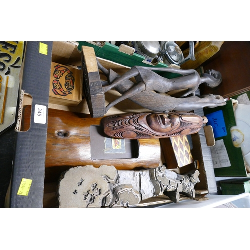 345 - Box of woodcut wallpaper printing block, wooden trinket boxes and tribal wooden carved ornaments