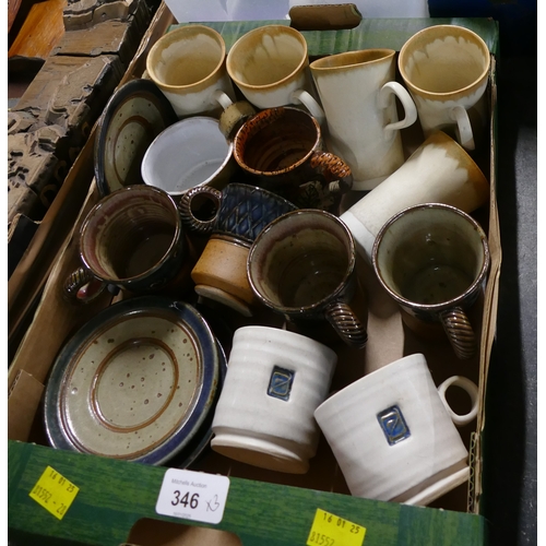 346 - Box of Studio Pottery cups, saucers, mugs etc