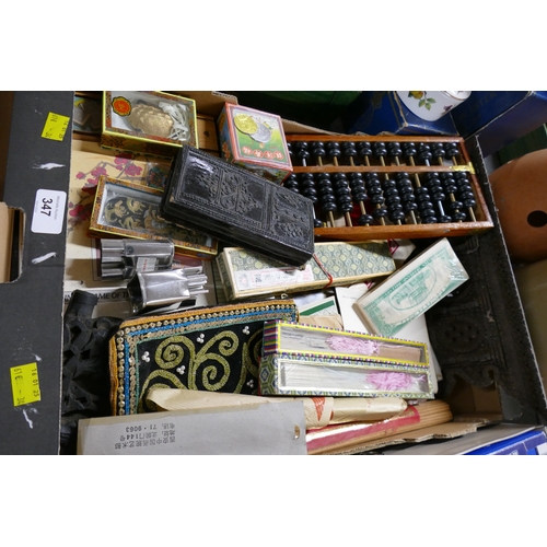 347 - Box of wooden carved panel, Abacus, Oriental fans, boxed trinkets and ephemera