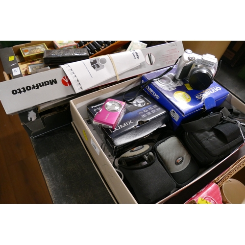 348 - Manfrotto tripod and box of camera, including Olympus SP51OUZ and Lumex Panasonic FS40, camera bags ... 