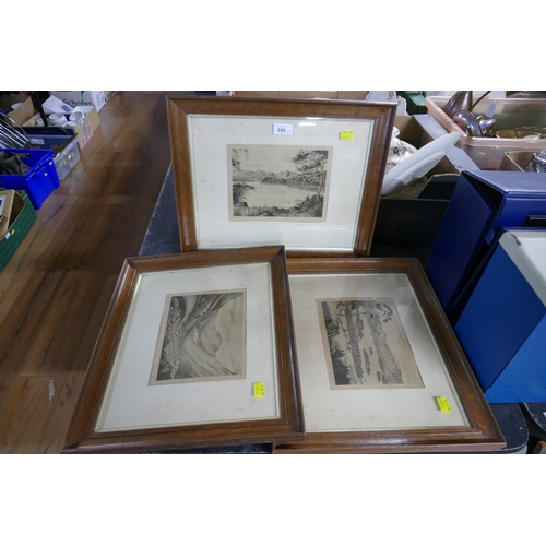 350 - Set of three matching Lake District etchings signed Yates of Windermere, Kirkstone Pass and Derwentw... 