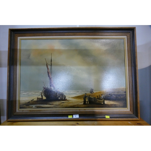 4 - Canvas painting, fishermen on beach signed Kenneth Hammond, 90 cm x 65 cm