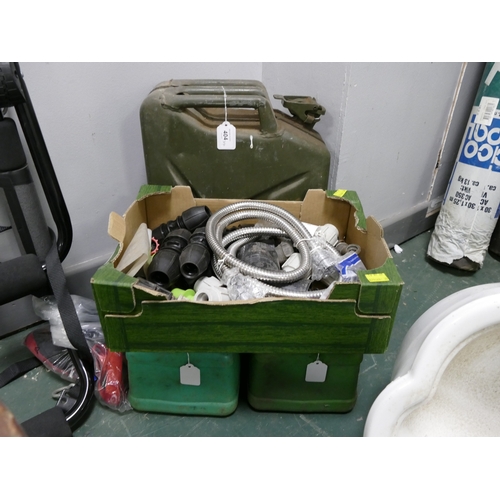 404 - Metal jerry can, plastic fuel cans and plumbing fittings