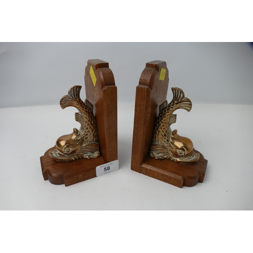 58 - Two bronzed coy fish bookends on mahogany plinths