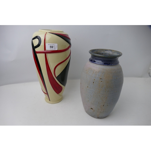 59 - Charlotte Rhead Ducal Ware vase, height 30 cm, and grey/blue Studio Pottery vase marked to base HP