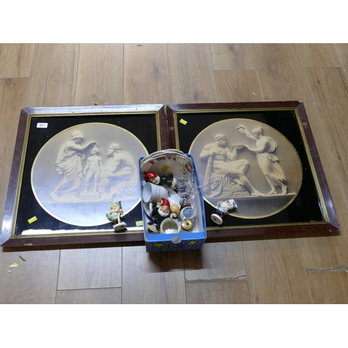 68 - Two classical framed mirrored pictures and a box of ceramics including gnome ornaments