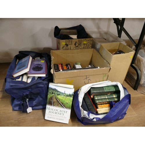 72 - Five boxes and bags of books, including history, Catherine Cookson and The Oxford illustrated Dictio... 