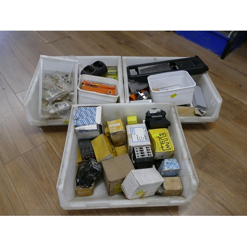 78 - Three stacking plastic boxes containing tool parts and electrical accessories