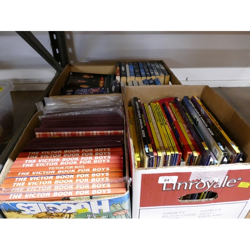 84 - Three boxes of children's annuals including Victor, The Broons, Justice League and box of Dr Who nov... 