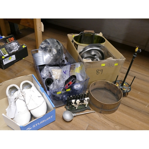 89 - Two boxes of Dyson vacuum attachments, Stuburt golf shoes (size 10.5), plated ware, sieve etc