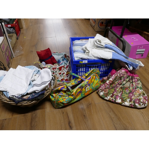 91 - Box and basket of fabric, vintage patchwork quilt, bag of knitting needles etc