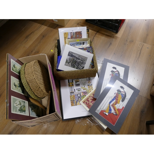 92 - Two boxes of pictures, prints, wicker basket etc