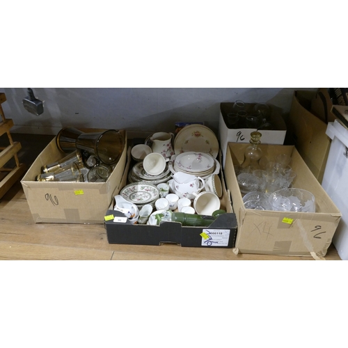 96 - Four boxes of glassware and ceramics including Indian Tree and Johnson Bros Pareek