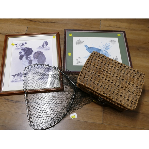 98 - Landing net, wicker basket and two pictures