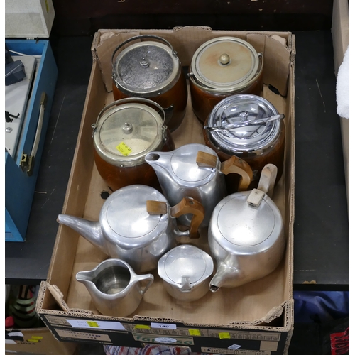 149 - Box of Picquet ware tea set and four oak and metal plated biscuit barrels