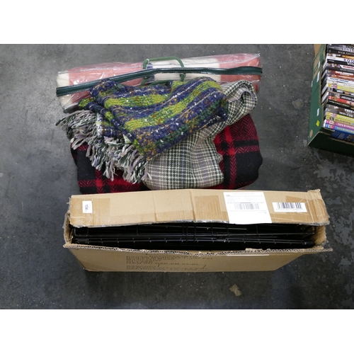 154 - WITHDRAWN - Small foldable pet crate  and quantity of wool blankets, tartan throws etc.