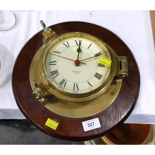 327 - Nauticalia quartz bulkhead style clock mounted on a wooden plaque