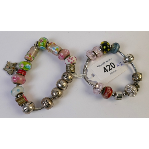 420 - Two charm bracelets with multi coloured charms