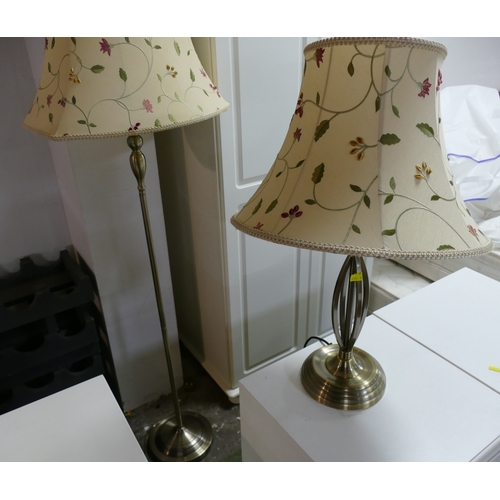 15 - Matching pair of brushed brass coloured metal floor and table lamps with floral shades