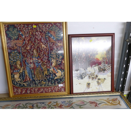 175 - Three tapestry embroidered pictures - largest 124 cm x 24 cm