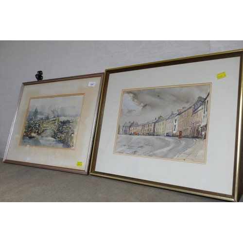 177 - Two original Ron Green watercolours, street scene and a country gate