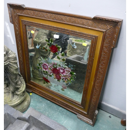 21 - Floral painted mirror in heavily carved frame, 88 cm square