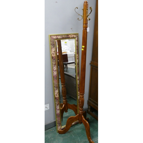 24 - Freestanding wooden coat stand and floral patterned mirror