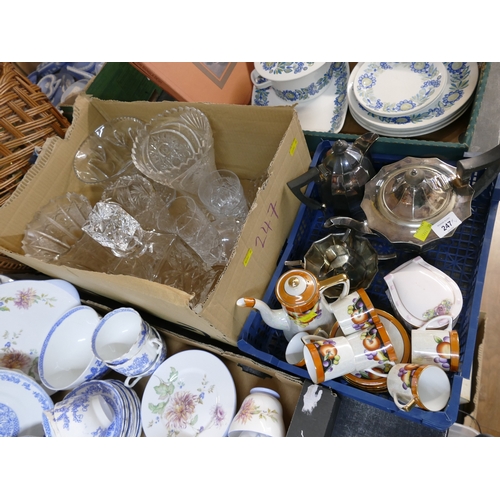 247 - Box of glassware, tureens, vases, Noritake fruit pattern coffee set, plated metal four piece tea set... 