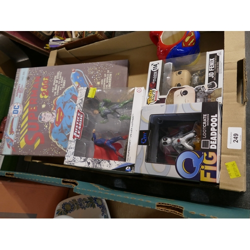 249 - Pop figures, Justice League and Marvel Deadpool figures, Superman ceramic mug and canvas picture