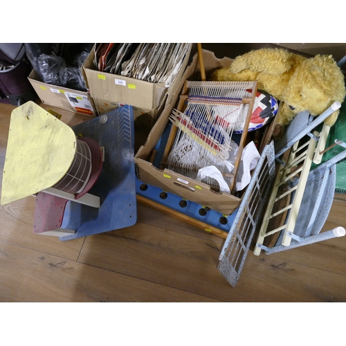 256 - Box of vintage children's toys, wooden garage, teddy bear, tin cot, etc