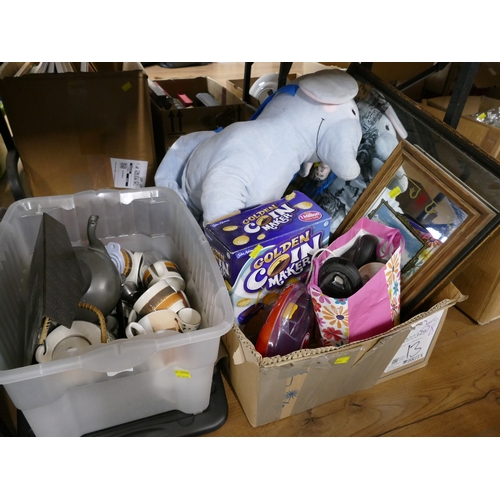 258 - Two boxes of ceramics, mirrors, soft toy, children's toys etc