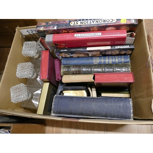 265 - Box of vintage books, glass decanters etc