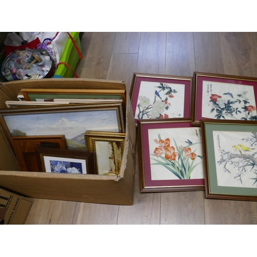 266 - Pictures and prints, including matching set of four Oriental silk screen printed flower and bird pic... 