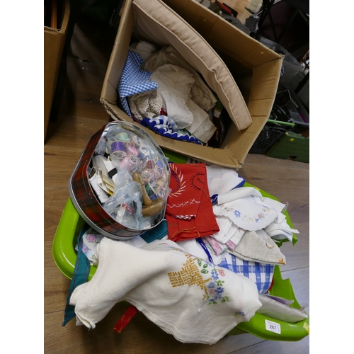 267 - Two boxes of embroidery and table linen, sewing items etc