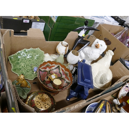 277 - Box of collectors' teapot, hen on nest, Staffordshire style dog, mineral stone goblets and ornaments... 