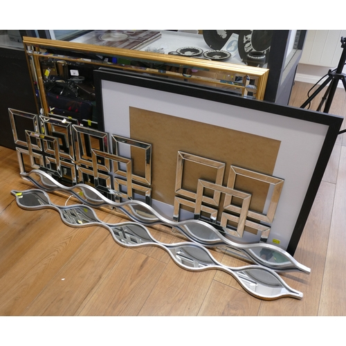 28 - Collection of mirrored wall art, large rectangular mirror and empty picture frame