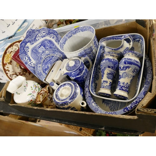 280 - Box of blue and white ceramics, Spodes Italian Abbey pattern, Masons, Aynsley Pembroke etc