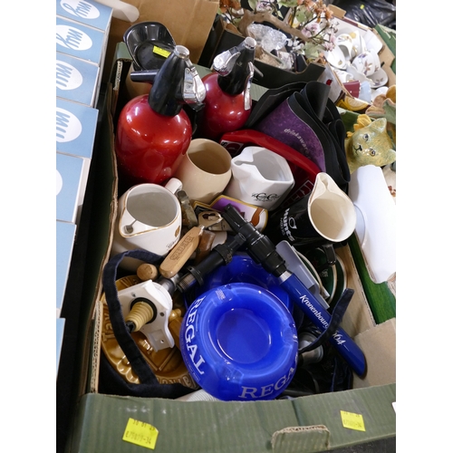 289 - Box of breweriana, soda siphons, whisky jugs, corkscrews, pump handles, ashtrays etc