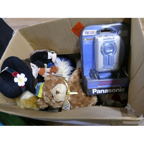 293 - Box of soft toys, Panasonic Model RQV77 portable cassette player etc