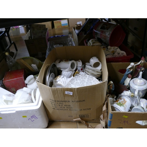 298 - Four boxes of ceramics, part tea sets, cutlery, ornaments etc