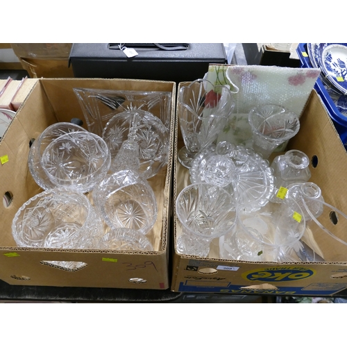 309 - Two boxes of glass vases, bowls, cake stands, serving plates etc