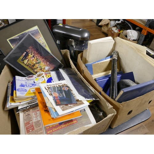 318 - Two boxes of books, Rugby programmes and ephemera, vintage camera and tripod etc