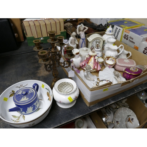 321 - Candelabra, Worcester Evesham bowl, figurines, Royal Doulton and Nao, cabinet cups and saucers, Ayns... 