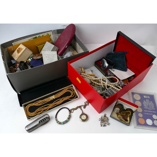 330 - Two boxes of costume jewellery, vintage coins, commemorative crowns, watches, penknife etc this blad... 