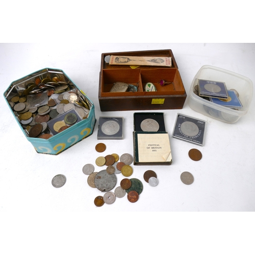 335 - Box of vintage coins - commemorative crowns, world coins, Silver Jubilee sugar spoon, Vesta case etc