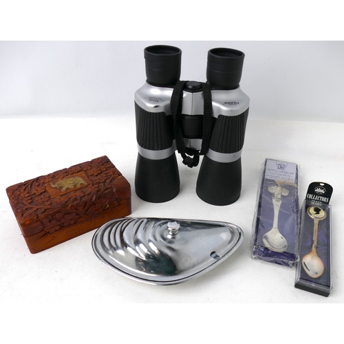 344 - Pair of Fujian binoculars, wooden trinket box, clam shaped dish and two souvenir spoons