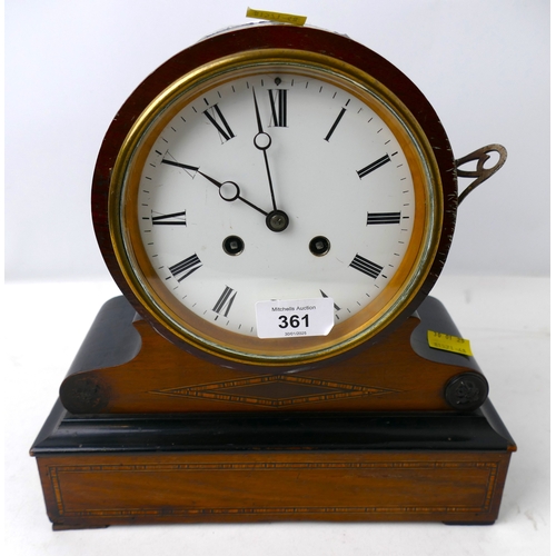 361 - Inlaid wooden mantel clock with keys