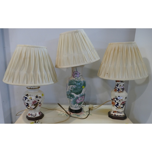 5 - Two Masons Mandalay lamps and another floral vase formed lamp with three matching shades