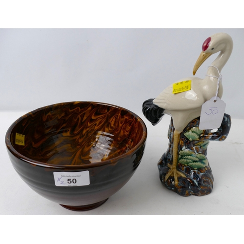 50 - Studio pottery bird formed vase and brown drip glazed pottery vase marked to base Beamiss